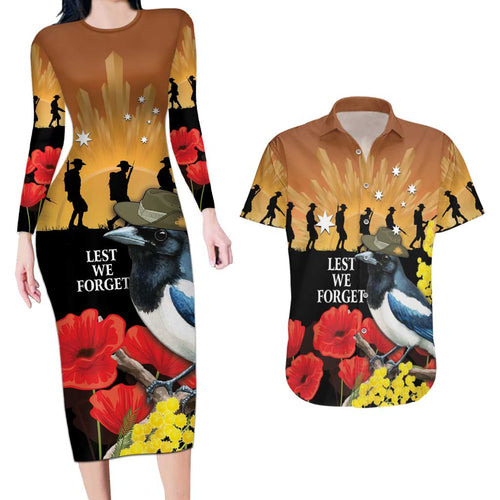Australia Magpie ANZAC Day Couples Matching Long Sleeve Bodycon Dress and Hawaiian Shirt Rising Sun 25th April Poppy Golden Wattle - Aussie Hoodie