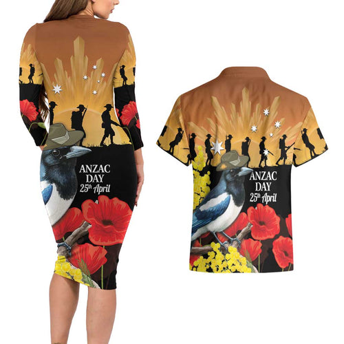 Australia Magpie ANZAC Day Couples Matching Long Sleeve Bodycon Dress and Hawaiian Shirt Rising Sun 25th April Poppy Golden Wattle - Aussie Hoodie