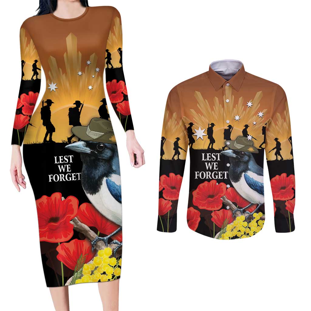 Australia Magpie ANZAC Day Couples Matching Long Sleeve Bodycon Dress and Long Sleeve Button Shirt Rising Sun 25th April Poppy Golden Wattle - Aussie Hoodie