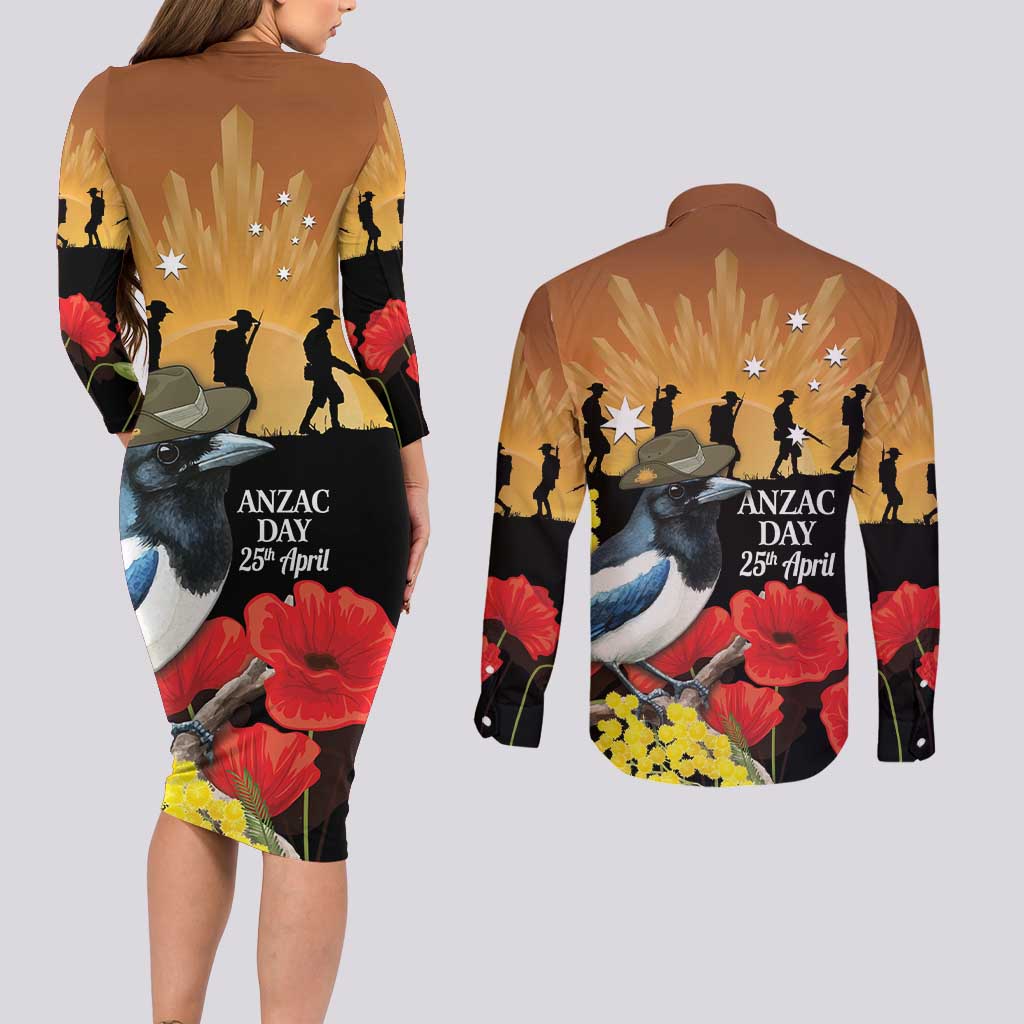 Australia Magpie ANZAC Day Couples Matching Long Sleeve Bodycon Dress and Long Sleeve Button Shirt Rising Sun 25th April Poppy Golden Wattle - Aussie Hoodie