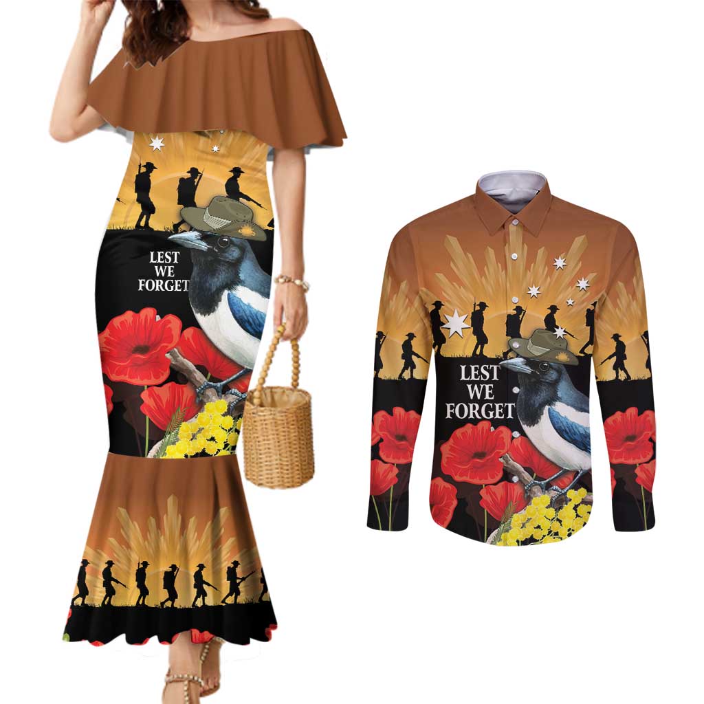 Australia Magpie ANZAC Day Couples Matching Mermaid Dress and Long Sleeve Button Shirt Rising Sun 25th April Poppy Golden Wattle - Aussie Hoodie
