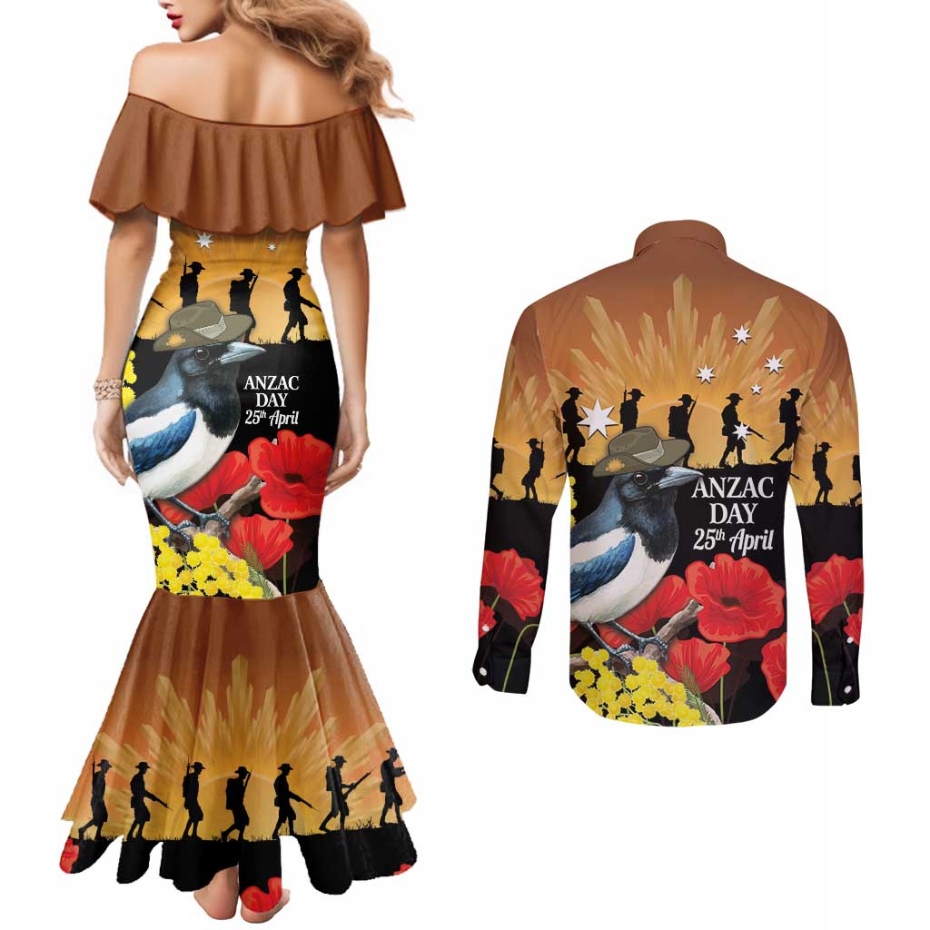 Australia Magpie ANZAC Day Couples Matching Mermaid Dress and Long Sleeve Button Shirt Rising Sun 25th April Poppy Golden Wattle - Aussie Hoodie