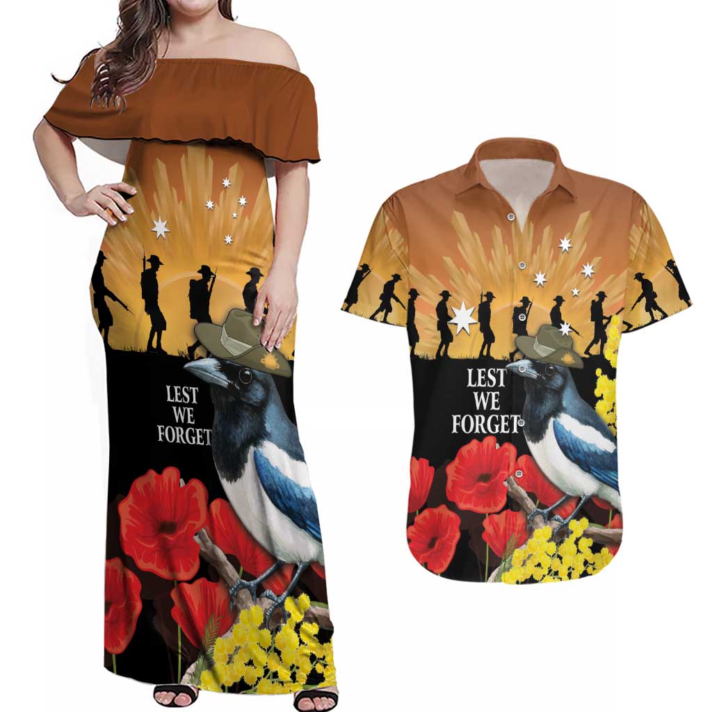 Australia Magpie ANZAC Day Couples Matching Off Shoulder Maxi Dress and Hawaiian Shirt Rising Sun 25th April Poppy Golden Wattle - Aussie Hoodie
