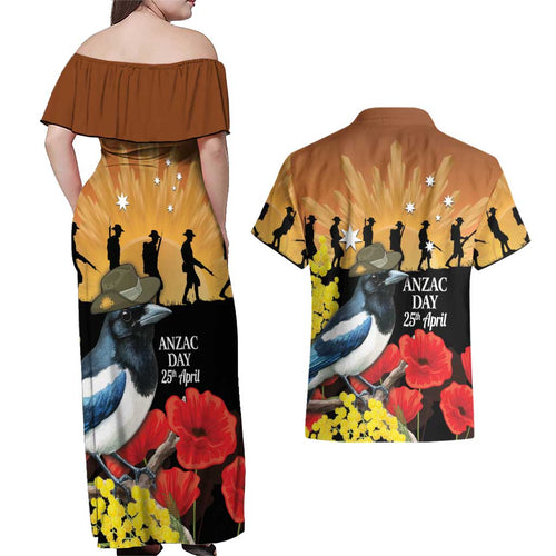 Australia Magpie ANZAC Day Couples Matching Off Shoulder Maxi Dress and Hawaiian Shirt Rising Sun 25th April Poppy Golden Wattle - Aussie Hoodie