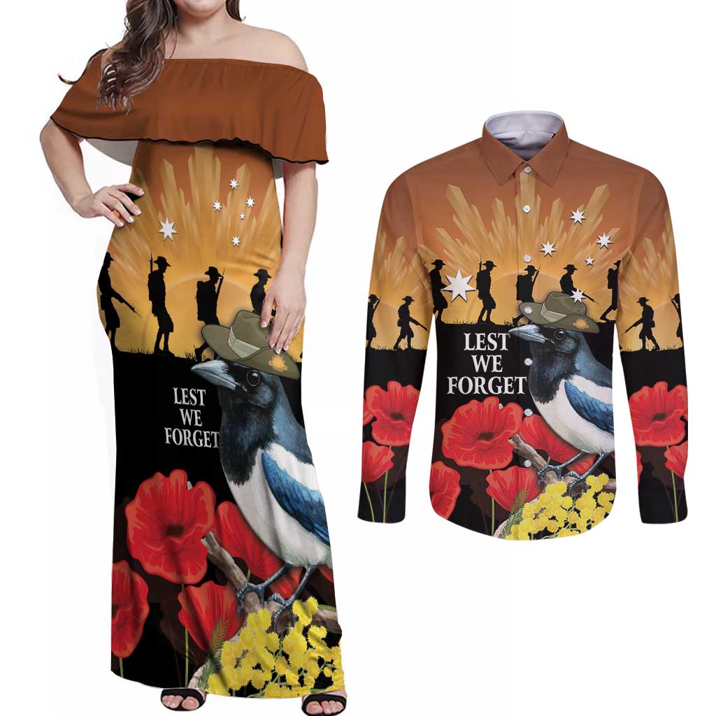 Australia Magpie ANZAC Day Couples Matching Off Shoulder Maxi Dress and Long Sleeve Button Shirt Rising Sun 25th April Poppy Golden Wattle - Aussie Hoodie