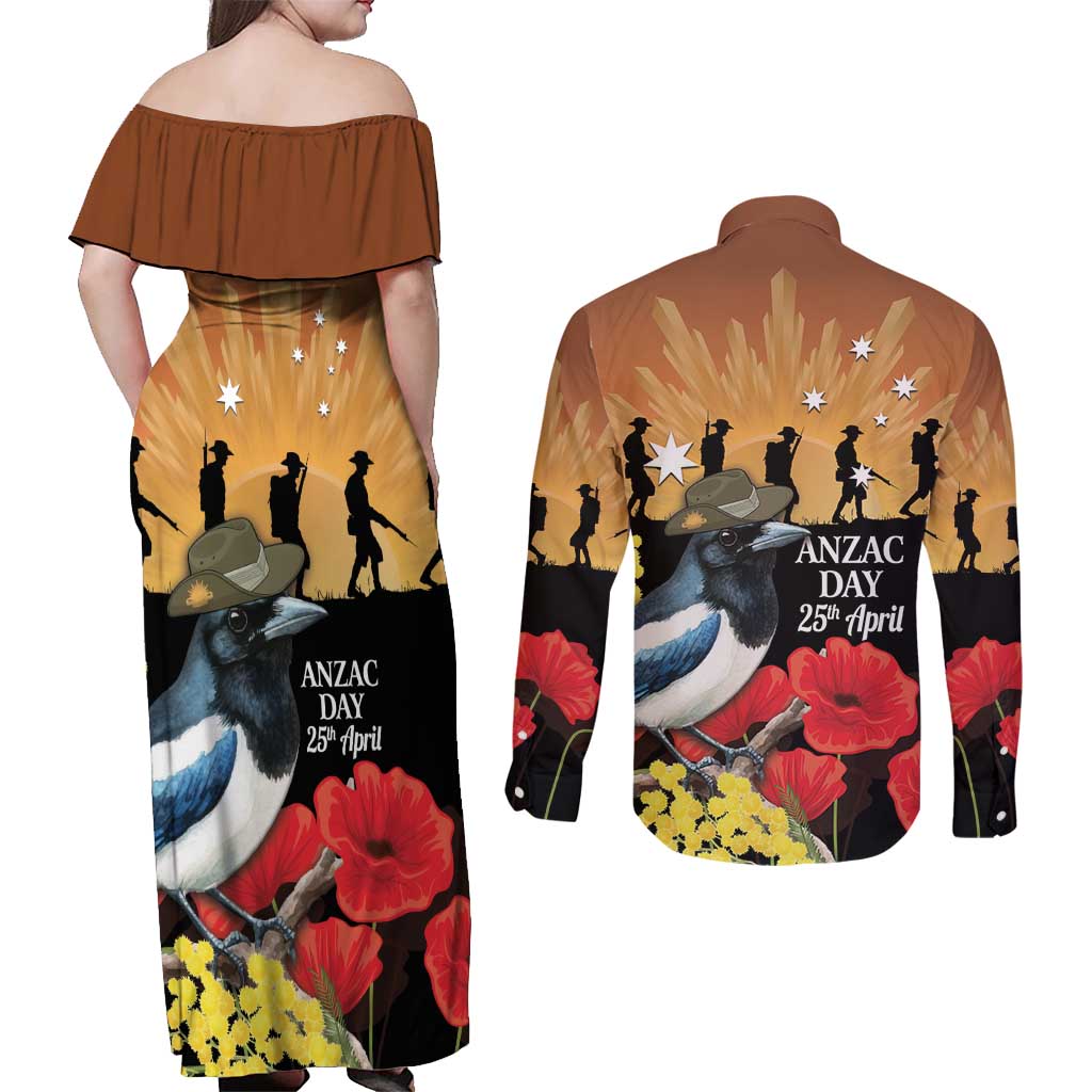 Australia Magpie ANZAC Day Couples Matching Off Shoulder Maxi Dress and Long Sleeve Button Shirt Rising Sun 25th April Poppy Golden Wattle - Aussie Hoodie
