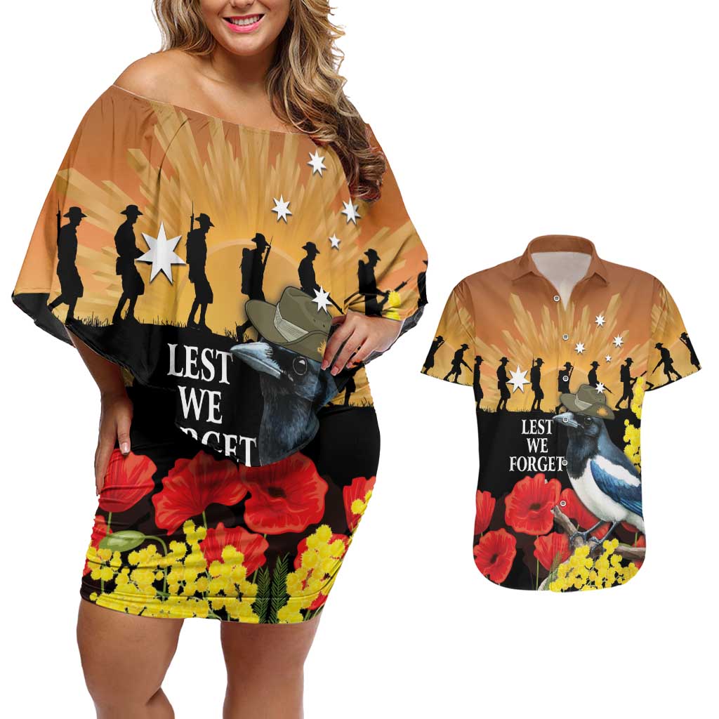 Australia Magpie ANZAC Day Couples Matching Off Shoulder Short Dress and Hawaiian Shirt Rising Sun 25th April Poppy Golden Wattle - Aussie Hoodie