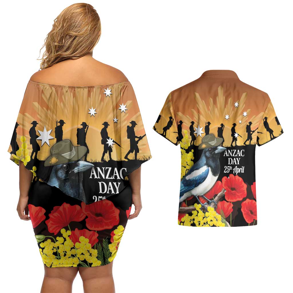 Australia Magpie ANZAC Day Couples Matching Off Shoulder Short Dress and Hawaiian Shirt Rising Sun 25th April Poppy Golden Wattle - Aussie Hoodie