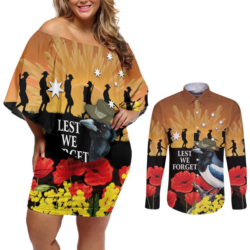 Australia Magpie ANZAC Day Couples Matching Off Shoulder Short Dress and Long Sleeve Button Shirt Rising Sun 25th April Poppy Golden Wattle - Aussie Hoodie