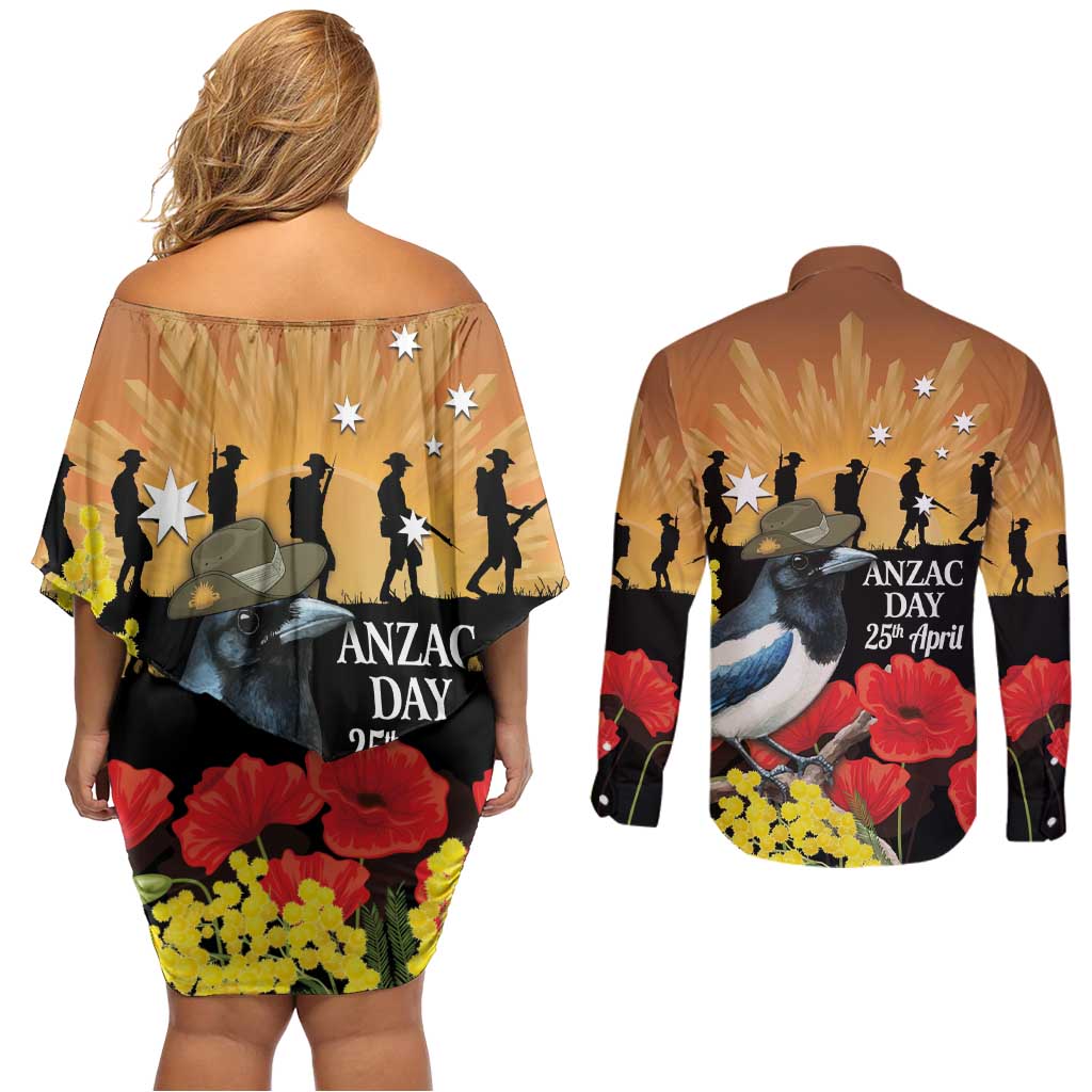 Australia Magpie ANZAC Day Couples Matching Off Shoulder Short Dress and Long Sleeve Button Shirt Rising Sun 25th April Poppy Golden Wattle - Aussie Hoodie