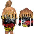 Australia Magpie ANZAC Day Couples Matching Off Shoulder Short Dress and Long Sleeve Button Shirt Rising Sun 25th April Poppy Golden Wattle - Aussie Hoodie