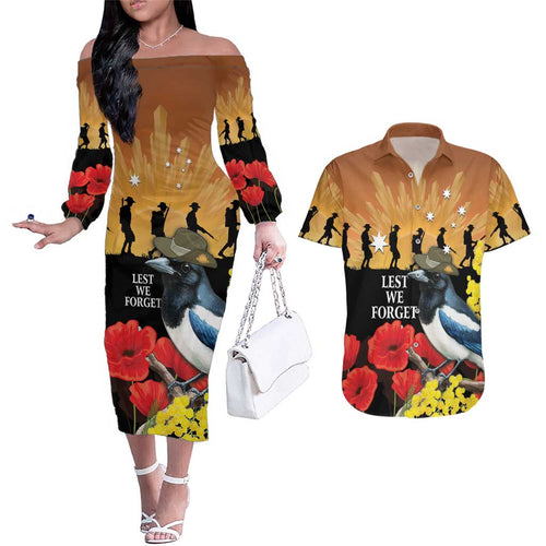 Australia Magpie ANZAC Day Couples Matching Off The Shoulder Long Sleeve Dress and Hawaiian Shirt Rising Sun 25th April Poppy Golden Wattle - Aussie Hoodie