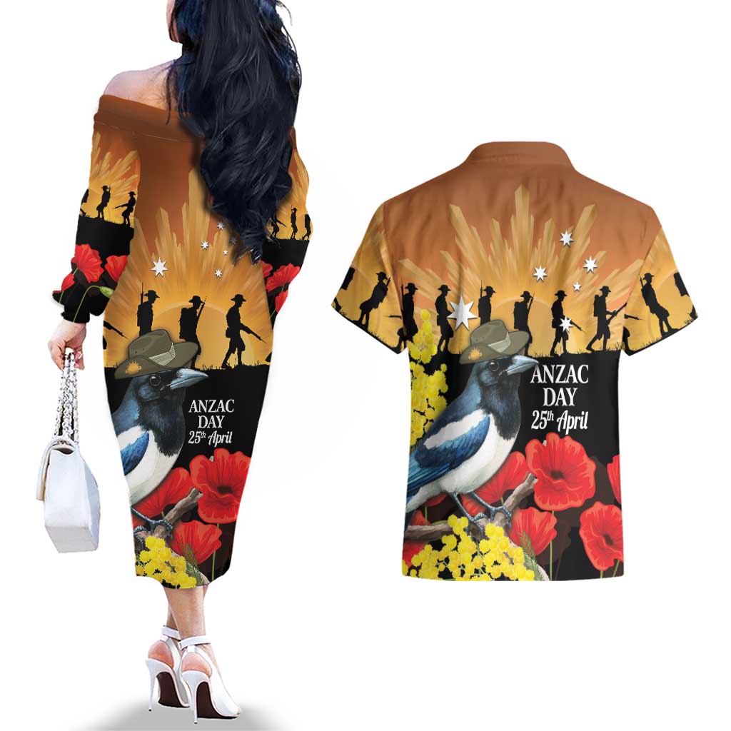 Australia Magpie ANZAC Day Couples Matching Off The Shoulder Long Sleeve Dress and Hawaiian Shirt Rising Sun 25th April Poppy Golden Wattle - Aussie Hoodie