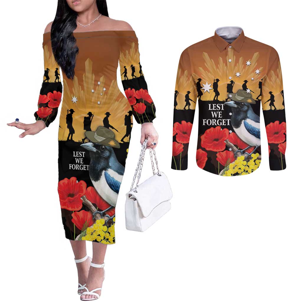 Australia Magpie ANZAC Day Couples Matching Off The Shoulder Long Sleeve Dress and Long Sleeve Button Shirt Rising Sun 25th April Poppy Golden Wattle - Aussie Hoodie