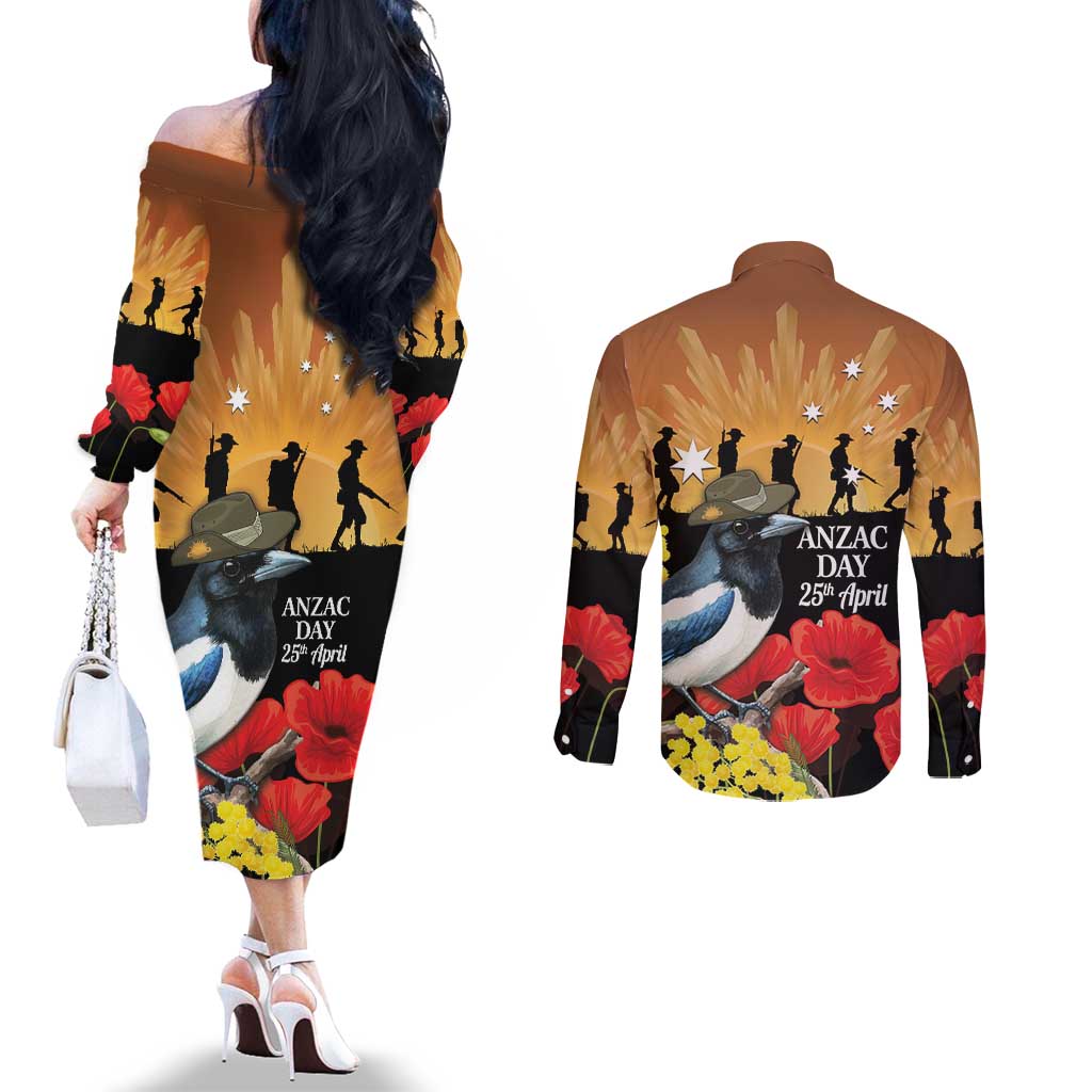Australia Magpie ANZAC Day Couples Matching Off The Shoulder Long Sleeve Dress and Long Sleeve Button Shirt Rising Sun 25th April Poppy Golden Wattle - Aussie Hoodie