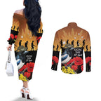 Australia Magpie ANZAC Day Couples Matching Off The Shoulder Long Sleeve Dress and Long Sleeve Button Shirt Rising Sun 25th April Poppy Golden Wattle - Aussie Hoodie
