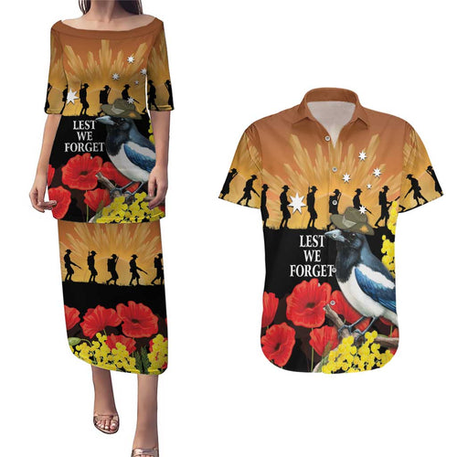 Australia Magpie ANZAC Day Couples Matching Puletasi and Hawaiian Shirt Rising Sun 25th April Poppy Golden Wattle - Aussie Hoodie