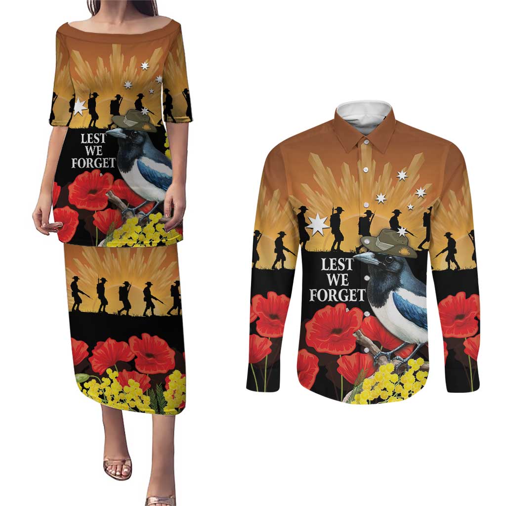 Australia Magpie ANZAC Day Couples Matching Puletasi and Long Sleeve Button Shirt Rising Sun 25th April Poppy Golden Wattle - Aussie Hoodie