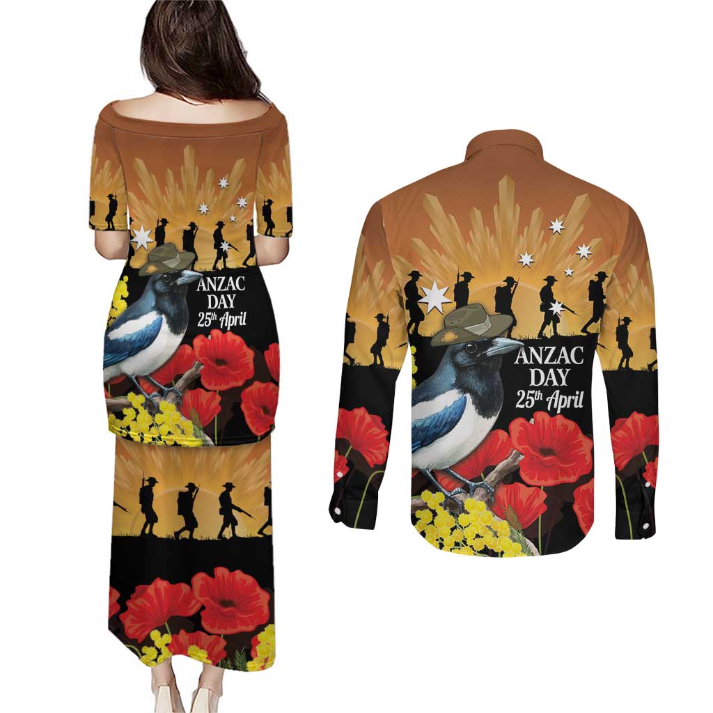 Australia Magpie ANZAC Day Couples Matching Puletasi and Long Sleeve Button Shirt Rising Sun 25th April Poppy Golden Wattle - Aussie Hoodie