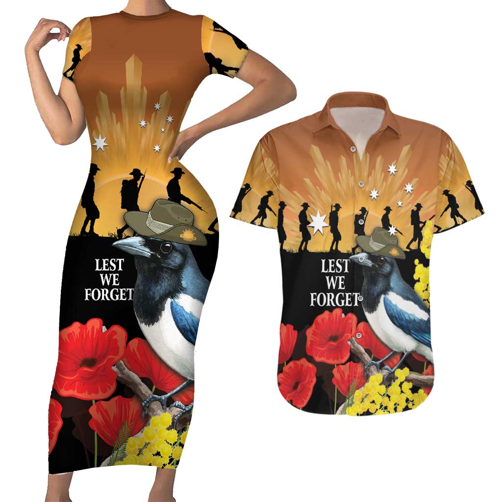 Australia Magpie ANZAC Day Couples Matching Short Sleeve Bodycon Dress and Hawaiian Shirt Rising Sun 25th April Poppy Golden Wattle - Aussie Hoodie