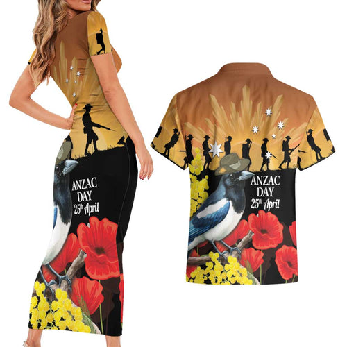 Australia Magpie ANZAC Day Couples Matching Short Sleeve Bodycon Dress and Hawaiian Shirt Rising Sun 25th April Poppy Golden Wattle - Aussie Hoodie
