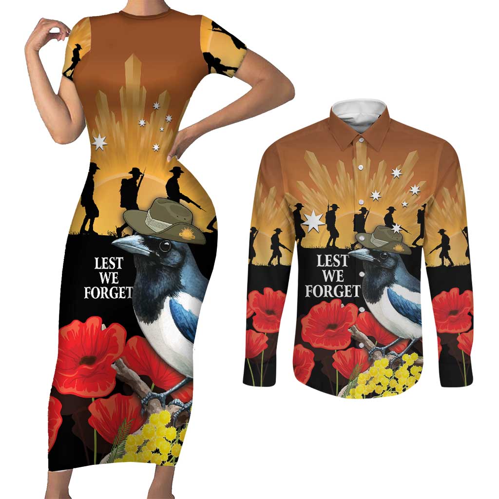 Australia Magpie ANZAC Day Couples Matching Short Sleeve Bodycon Dress and Long Sleeve Button Shirt Rising Sun 25th April Poppy Golden Wattle - Aussie Hoodie