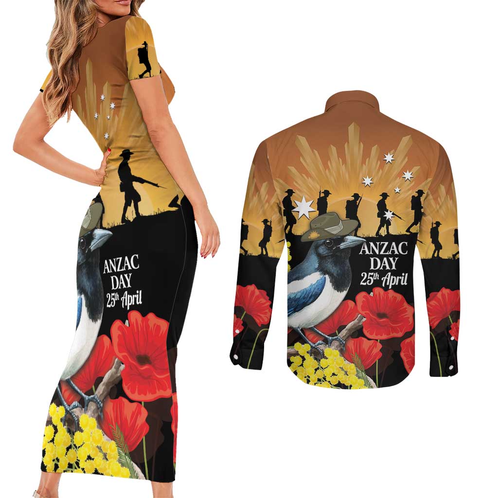 Australia Magpie ANZAC Day Couples Matching Short Sleeve Bodycon Dress and Long Sleeve Button Shirt Rising Sun 25th April Poppy Golden Wattle - Aussie Hoodie