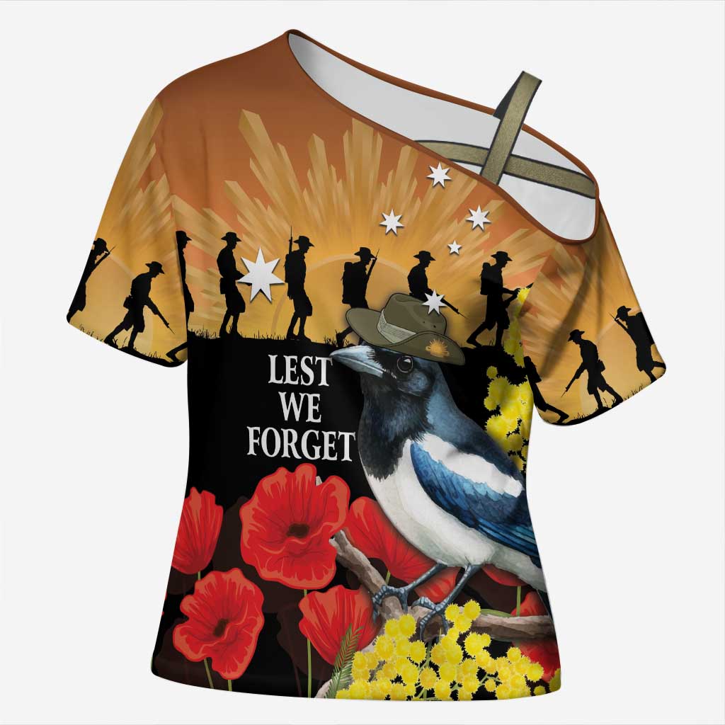 Australia Magpie ANZAC Day Cross Shoulder Shirt Rising Sun 25th April Poppy Golden Wattle - Aussie Hoodie