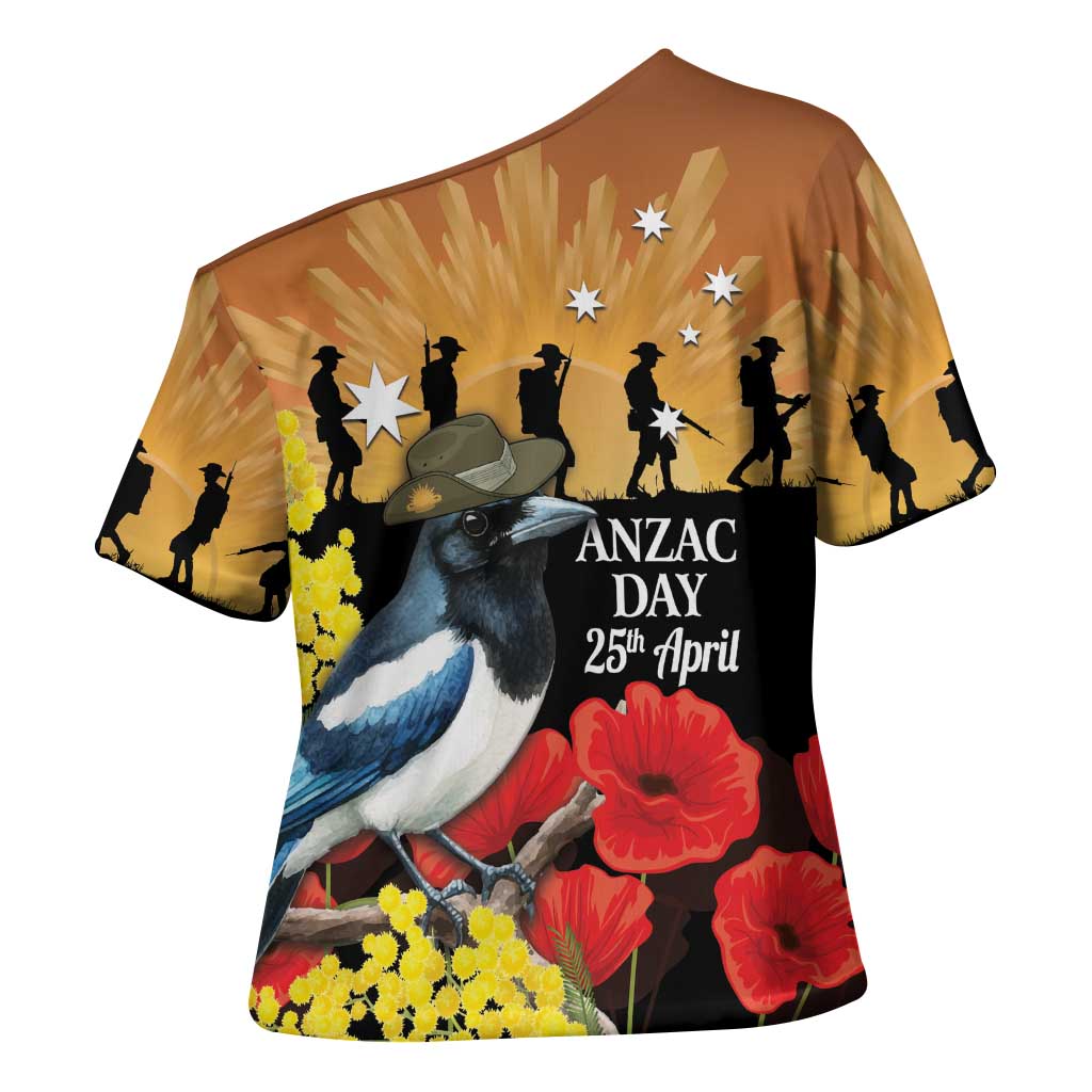Australia Magpie ANZAC Day Cross Shoulder Shirt Rising Sun 25th April Poppy Golden Wattle - Aussie Hoodie