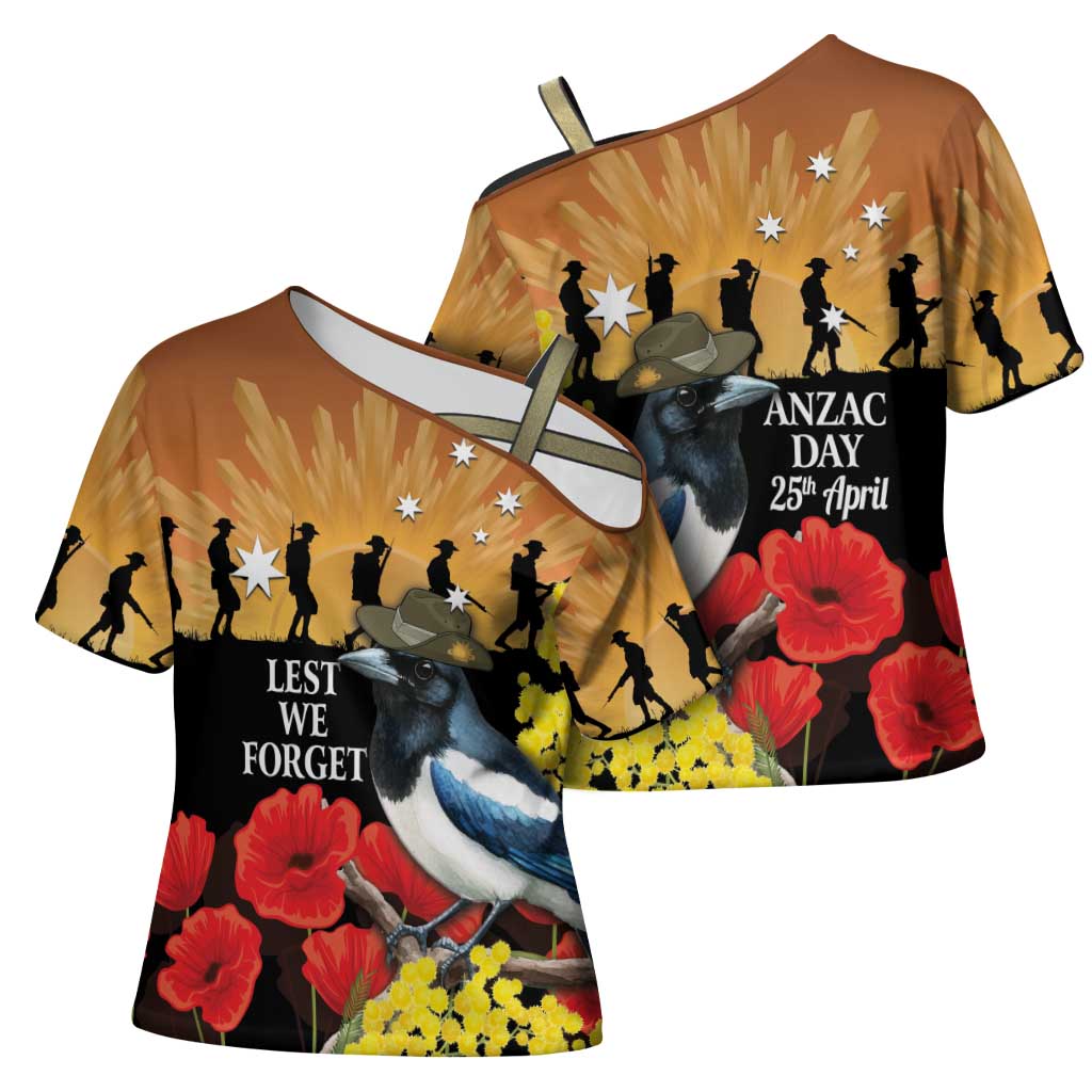 Australia Magpie ANZAC Day Cross Shoulder Shirt Rising Sun 25th April Poppy Golden Wattle - Aussie Hoodie