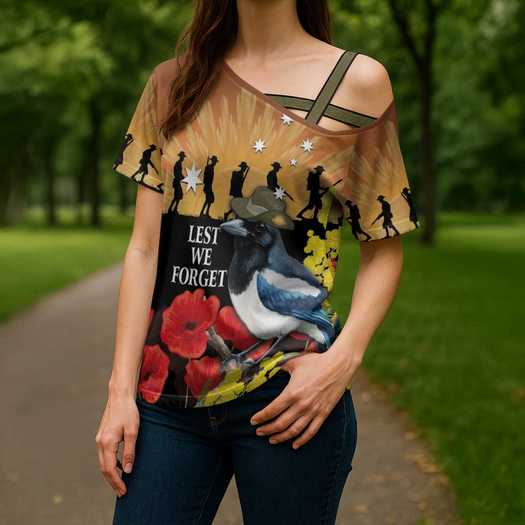 Australia Magpie ANZAC Day Cross Shoulder Shirt Rising Sun 25th April Poppy Golden Wattle - Aussie Hoodie