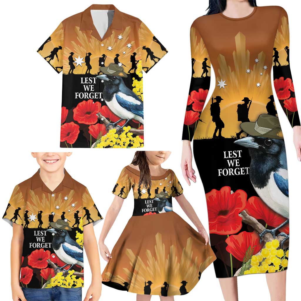 Australia Magpie ANZAC Day Family Matching Long Sleeve Bodycon Dress and Hawaiian Shirt Rising Sun 25th April Poppy Golden Wattle