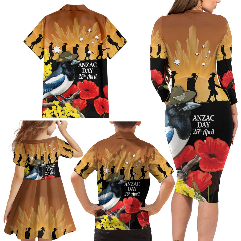 Australia Magpie ANZAC Day Family Matching Long Sleeve Bodycon Dress and Hawaiian Shirt Rising Sun 25th April Poppy Golden Wattle
