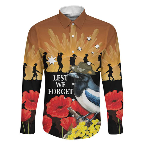 Australia Magpie ANZAC Day Family Matching Long Sleeve Bodycon Dress and Hawaiian Shirt Rising Sun 25th April Poppy Golden Wattle