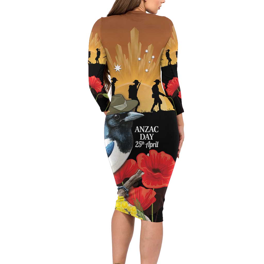 Australia Magpie ANZAC Day Family Matching Long Sleeve Bodycon Dress and Hawaiian Shirt Rising Sun 25th April Poppy Golden Wattle