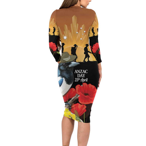 Australia Magpie ANZAC Day Family Matching Long Sleeve Bodycon Dress and Hawaiian Shirt Rising Sun 25th April Poppy Golden Wattle