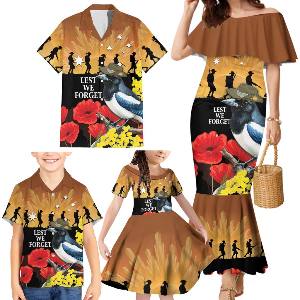 Australia Magpie ANZAC Day Family Matching Mermaid Dress and Hawaiian Shirt Rising Sun 25th April Poppy Golden Wattle