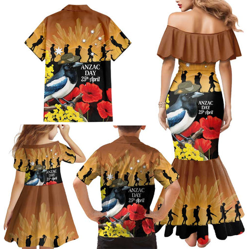 Australia Magpie ANZAC Day Family Matching Mermaid Dress and Hawaiian Shirt Rising Sun 25th April Poppy Golden Wattle