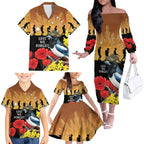 Australia Magpie ANZAC Day Family Matching Off The Shoulder Long Sleeve Dress and Hawaiian Shirt Rising Sun 25th April Poppy Golden Wattle