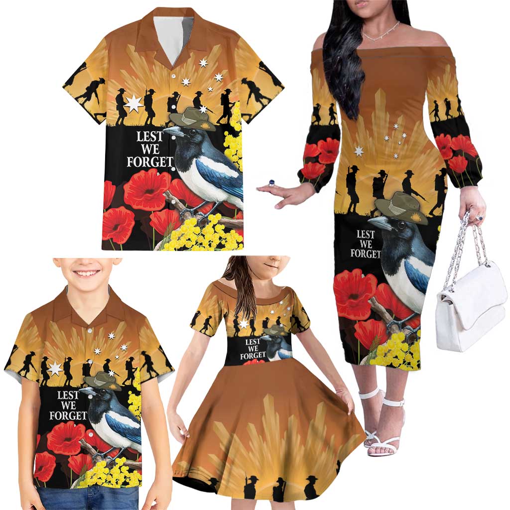 Australia Magpie ANZAC Day Family Matching Off The Shoulder Long Sleeve Dress and Hawaiian Shirt Rising Sun 25th April Poppy Golden Wattle