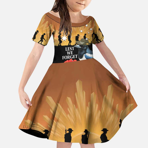 Australia Magpie ANZAC Day Family Matching Off The Shoulder Long Sleeve Dress and Hawaiian Shirt Rising Sun 25th April Poppy Golden Wattle