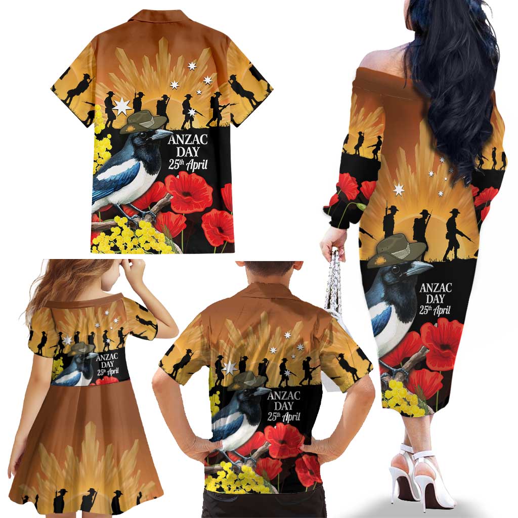 Australia Magpie ANZAC Day Family Matching Off The Shoulder Long Sleeve Dress and Hawaiian Shirt Rising Sun 25th April Poppy Golden Wattle