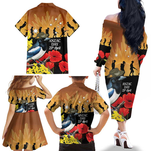 Australia Magpie ANZAC Day Family Matching Off The Shoulder Long Sleeve Dress and Hawaiian Shirt Rising Sun 25th April Poppy Golden Wattle