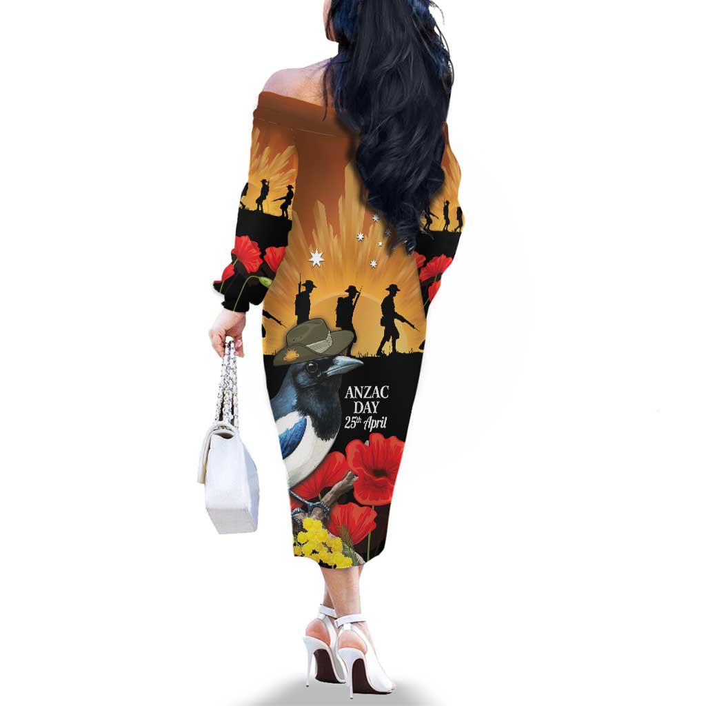 Australia Magpie ANZAC Day Family Matching Off The Shoulder Long Sleeve Dress and Hawaiian Shirt Rising Sun 25th April Poppy Golden Wattle