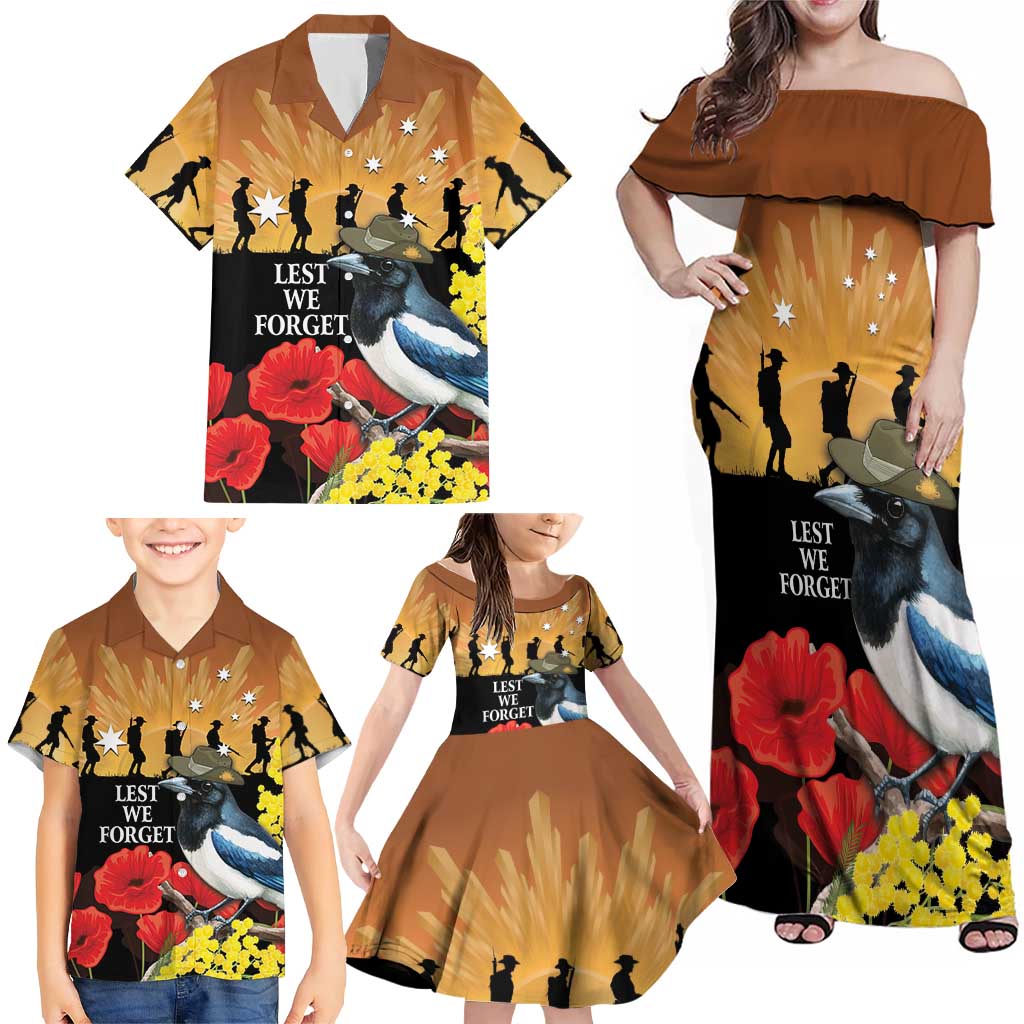 Australia Magpie ANZAC Day Family Matching Off Shoulder Maxi Dress and Hawaiian Shirt Rising Sun 25th April Poppy Golden Wattle