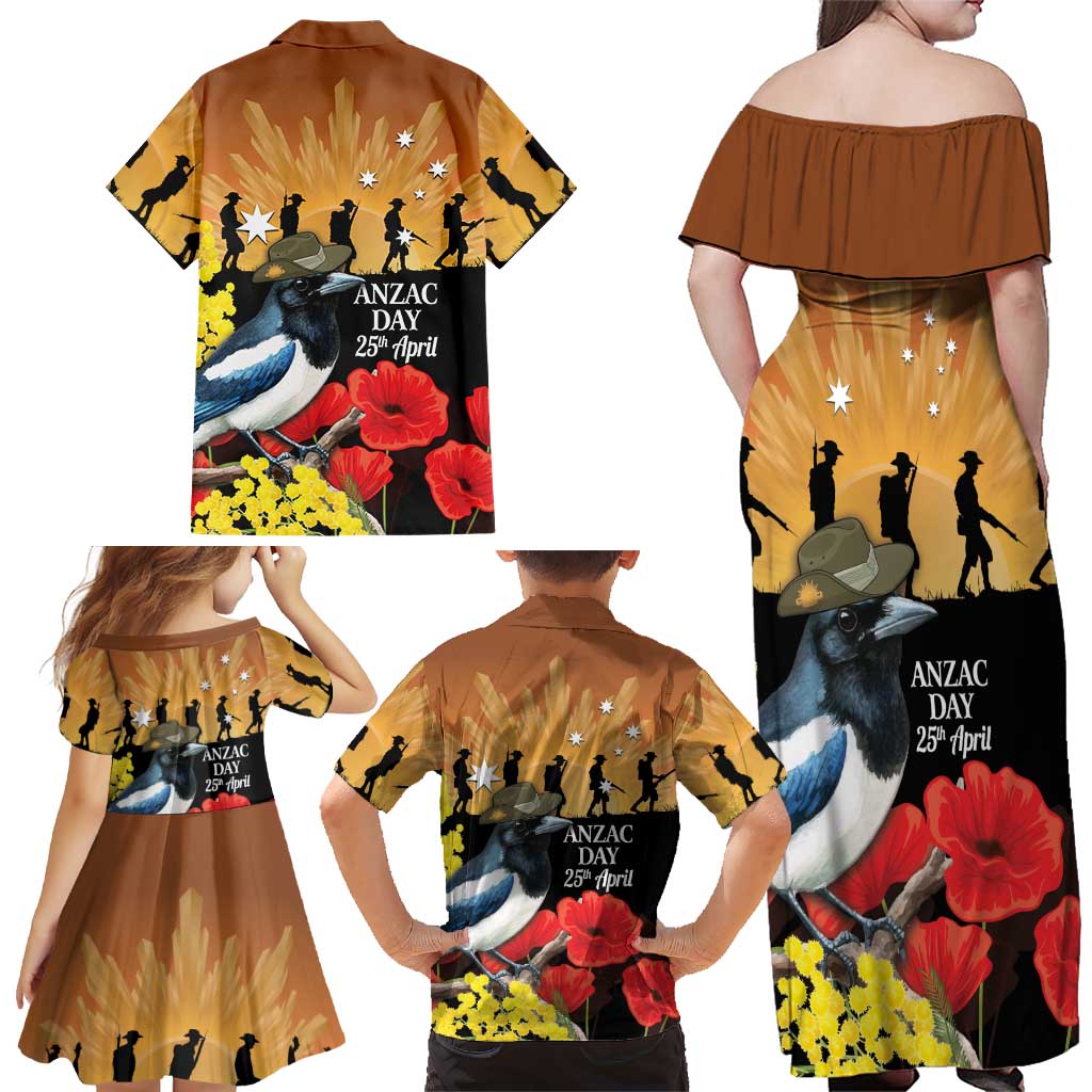 Australia Magpie ANZAC Day Family Matching Off Shoulder Maxi Dress and Hawaiian Shirt Rising Sun 25th April Poppy Golden Wattle