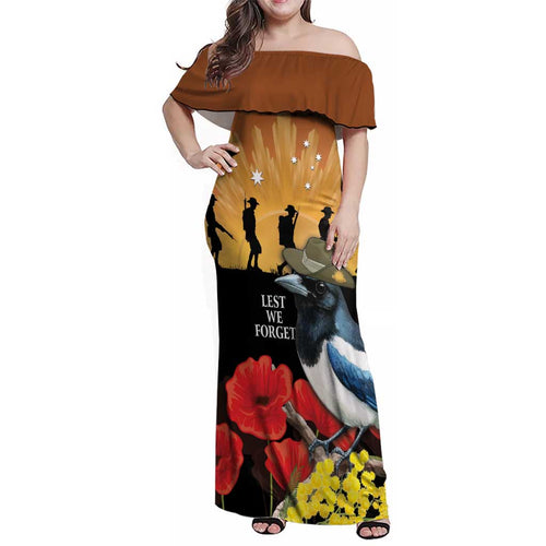 Australia Magpie ANZAC Day Family Matching Off Shoulder Maxi Dress and Hawaiian Shirt Rising Sun 25th April Poppy Golden Wattle
