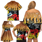 Australia Magpie ANZAC Day Family Matching Off Shoulder Short Dress and Hawaiian Shirt Rising Sun 25th April Poppy Golden Wattle