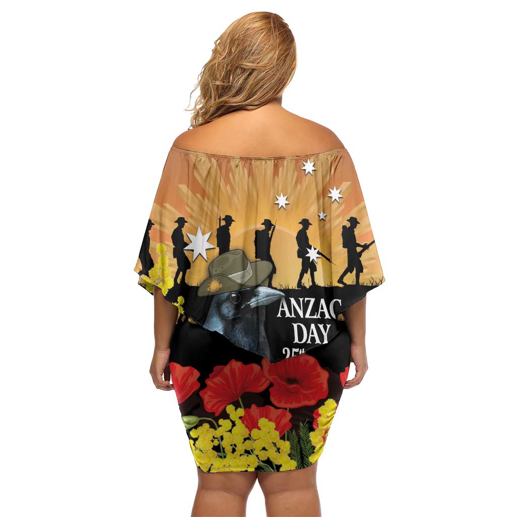 Australia Magpie ANZAC Day Family Matching Off Shoulder Short Dress and Hawaiian Shirt Rising Sun 25th April Poppy Golden Wattle