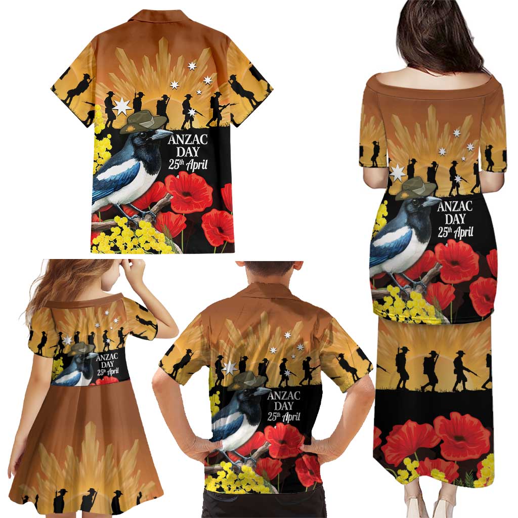 Australia Magpie ANZAC Day Family Matching Puletasi and Hawaiian Shirt Rising Sun 25th April Poppy Golden Wattle